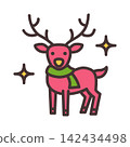 Cute pink reindeer wearing green scarf with decorative stars simple flat line art festive illustration, with reindeer, pink, scarf, antler detail, showing star, cute, cartoon, illustration context 142434498