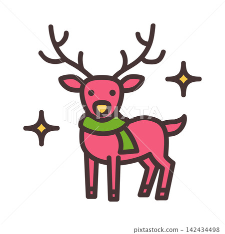 Cute pink reindeer wearing green scarf with decorative stars simple flat line art festive illustration, with reindeer, pink, scarf, antler detail, showing star, cute, cartoon, illustration context 142434498