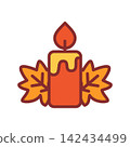 Orange autumn candle with falling leaf decorations and warm glow, with candle, autumn, leaf, maple detail, showing flame, wax, drip, orange context, with clear visible detail 142434499