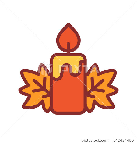 Orange autumn candle with falling leaf decorations and warm glow, with candle, autumn, leaf, maple detail, showing flame, wax, drip, orange context, with clear visible detail Orange autumn candle with falling leaf decorations and warm glow, with candle, autumn, leaf, maple detail, showing flame, wax, drip, orange context, with clear visible detail 142434499