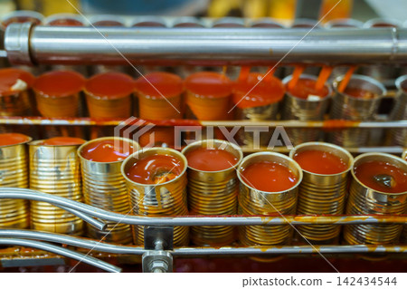Rows of tin cans filled with tomato sauce on a conveyor belt in a factory Rows of tin cans filled with tomato sauce on a conveyor belt in a factory 142434544