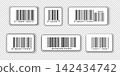 Set of barcode labels with stripes, numbers and shadows. Bar code templates isolated on transparent background. Digital representation with product data information. Vector graphic illustration 142434742