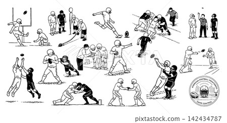 A collection of line art illustrations of basic movements and character poses in American football. A collection of line art illustrations of basic movements and character poses in American football. 142434787