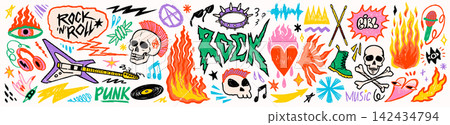 Punk rock music sticker set with fire, skull, guitar and tattoo doodle symbols in colorful scribble style. Rock punk graphics for posters, merch and album prints Punk rock music sticker set with fire, skull, guitar and tattoo doodle symbols in colorful scribble style. Rock punk graphics for posters, merch and album prints 142434794