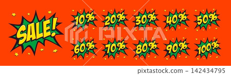Comic sale badges with green starburst shapes and bold yellow lettering on bright orange background with small stars. Discount icons in retro pop art style. Ideal for promo banners, retail ads. 142434795