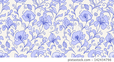 Seamless floral pattern with elegant blue flowers and leaves, traditional botanical ornament, naive flat vector wallpaper isolated on cream background Seamless floral pattern with elegant blue flowers and leaves, traditional botanical ornament, naive flat vector wallpaper isolated on cream background 142434798