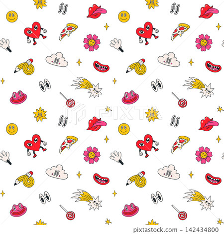 Groovy seamless funky with hearts, flowers and candy 142434800