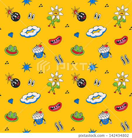 Cartoon seamless pattern with comic faces and quirky doodles on yellow background. Comic pattern with playful characters for fabric and wrapping paper. Drag to swatches panel to use Cartoon seamless pattern with comic faces and quirky doodles on yellow background. Comic pattern with playful characters for fabric and wrapping paper. Drag to swatches panel to use 142434802