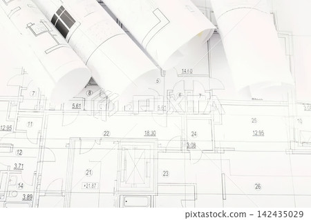 Architectural blueprints with rolled plans and measurements Architectural blueprints with rolled plans and measurements 142435029