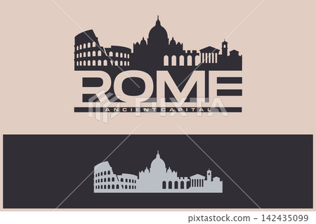 Rome silhouette skyline in monochrome dark grey and beige colors with historic landmarks for travel emblem design. Rome silhouette skyline in monochrome dark grey and beige colors with historic landmarks for travel emblem design. 142435099
