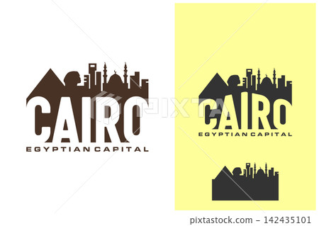 Cairo city emblem in dark brown and yellow containing pyramids and sphinx silhouette for Egyptian heritage concept. Cairo city emblem in dark brown and yellow containing pyramids and sphinx silhouette for Egyptian heritage concept. 142435101