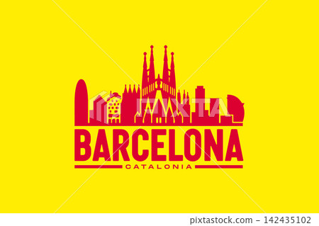 Barcelona skyline emblem in red and yellow colors featuring Sagrada Familia for Catalan tourism identity. Barcelona skyline emblem in red and yellow colors featuring Sagrada Familia for Catalan tourism identity. 142435102