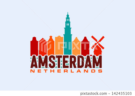 Amsterdam colorful skyline design with traditional houses and windmill silhouette for Dutch tourism merchandise. 142435103