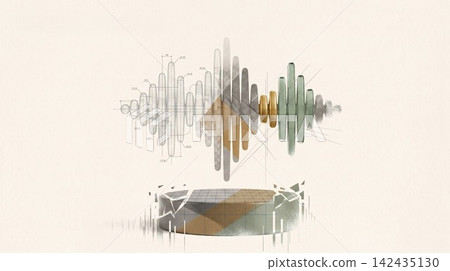 Abstract sound wave visualization floating above a fractured geometric platform 142435130