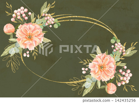 Elegant peach peonies, delicate greenery, subtle gold accents watercolor floral frame isolated on green. Hand-painted perfect for wedding invitations, branding, packaging, cards. Horizontal template Elegant peach peonies, delicate greenery, subtle gold accents watercolor floral frame isolated on green. Hand-painted perfect for wedding invitations, branding, packaging, cards. Horizontal template 142435256