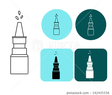 Bottle with medical drops Logotype nasal spray medicine, eye or ear drops, cold and flu treatment, Pharmacy composition hand drawn illustration. Vector graphic line art. cosmetic, textile, cards. 142435556