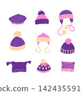 Seasonal winter cozy warm hand knitted hats set isolated on white. Trendy woolen headwear collection including cap with pompom, beanie, beret, bonnet, earflap 142435591