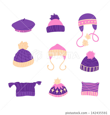 Seasonal winter cozy warm hand knitted hats set isolated on white. Trendy woolen headwear collection including cap with pompom, beanie, beret, bonnet, earflap 142435591
