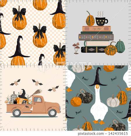 Seamless Halloween patchwork pattern with cute gourds, magic books, goose in a witch hat, and stylized sews. Cute and cozy Halloween background. Vector illustration 142435615