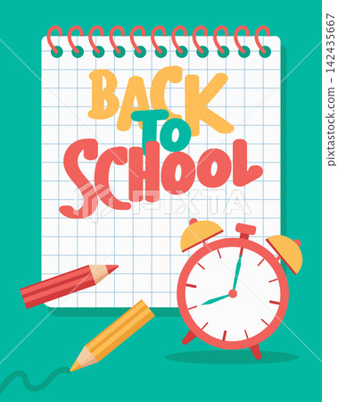 Back to school typography poster with school supplies with alarm clock. Illustration. Back to school typography poster with school supplies with alarm clock. Illustration. 142435667