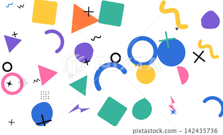 Assorted bright geometric shapes and abstract icons in energetic scatter for design Assorted bright geometric shapes and abstract icons in energetic scatter for design 142435736