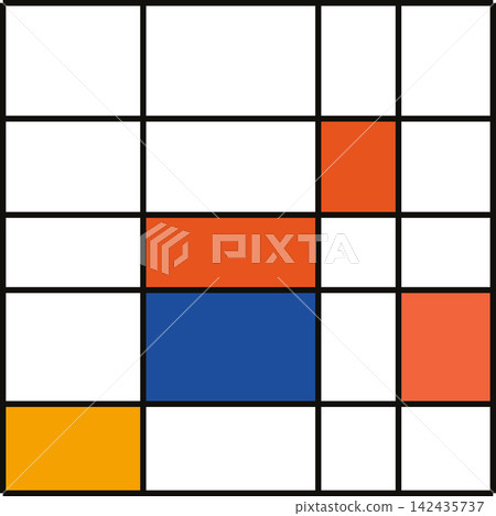 Asymmetric grid layout with colorful orange blue and yellow square blocks on white space Asymmetric grid layout with colorful orange blue and yellow square blocks on white space 142435737