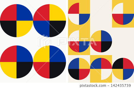 Bauhaus inspired circle pattern block art featuring bold primary colors and black accents Bauhaus inspired circle pattern block art featuring bold primary colors and black accents 142435739