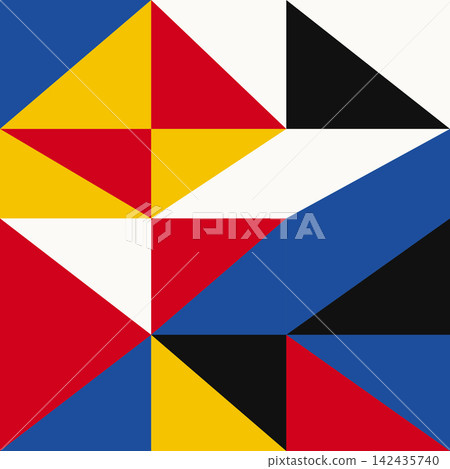 Bauhaus style geometric mosaic pattern in primary red yellow blue black and white colors 142435740