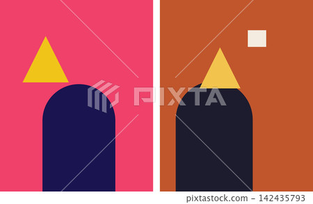 Minimal geometric composition with arch and triangle elements on split color background Minimal geometric composition with arch and triangle elements on split color background 142435793