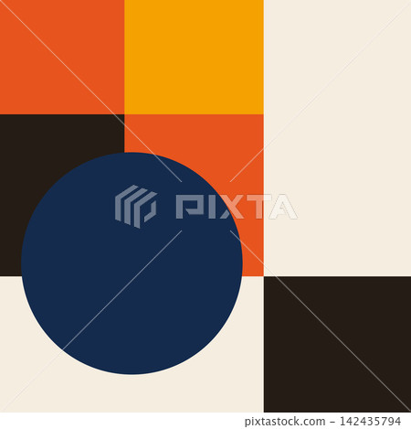 Minimalist abstract composition featuring blue circle amongst orange and black color blocks Minimalist abstract composition featuring blue circle amongst orange and black color blocks 142435794