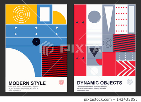 Vibrant geometric abstract poster design with red blue and white color palette Vibrant geometric abstract poster design with red blue and white color palette 142435853