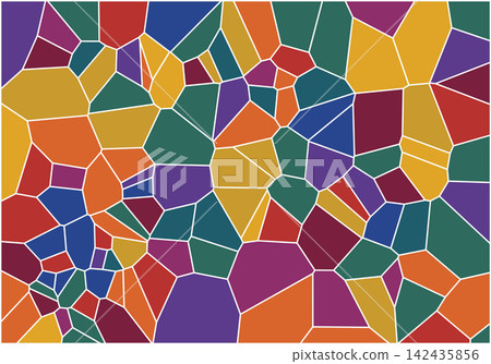 Vibrant voronoi mosaic pattern featuring colorful geometric shapes with white outlines Vibrant voronoi mosaic pattern featuring colorful geometric shapes with white outlines 142435856