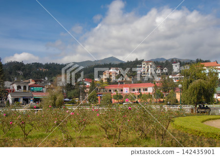 Sapa in Lao Cai Province, Vietnam. View of this northern Vietnamese town with rose bushes in the foreground. Sapa in Lao Cai Province, Vietnam. View of this northern Vietnamese town with rose bushes in the foreground. 142435901
