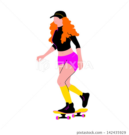 Young cartoon girl skating on skateboard. Vector concept with fun character on white background in flat style. Activity street lifestyle. Can be used for t-shirt print, poster, banner Young cartoon girl skating on skateboard. Vector concept with fun character on white background in flat style. Activity street lifestyle. Can be used for t-shirt print, poster, banner 142435929