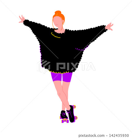Young cartoon girl skating on rollers. Vector concept with fun character on white background in flat style. Activity street lifestyle. Can be used for t-shirt print, poster, banner Young cartoon girl skating on rollers. Vector concept with fun character on white background in flat style. Activity street lifestyle. Can be used for t-shirt print, poster, banner 142435930