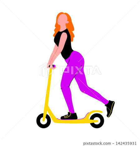 Young cartoon girl skating on scooter. Vector concept with fun character on white background in flat style. Activity street lifestyle. Can be used for t-shirt print, poster, banner 142435931