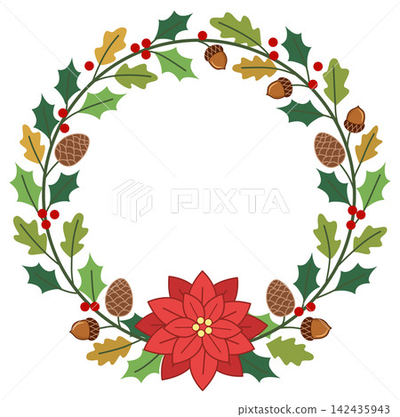 Festive Christmas wreath illustration featuring a large red poinsettia flower, holly leaves, red berries, golden oak leaves, acorns, and pinecones arranged in an elegant circular frame. Festive Christmas wreath illustration featuring a large red poinsettia flower, holly leaves, red berries, golden oak leaves, acorns, and pinecones arranged in an elegant circular frame. 142435943