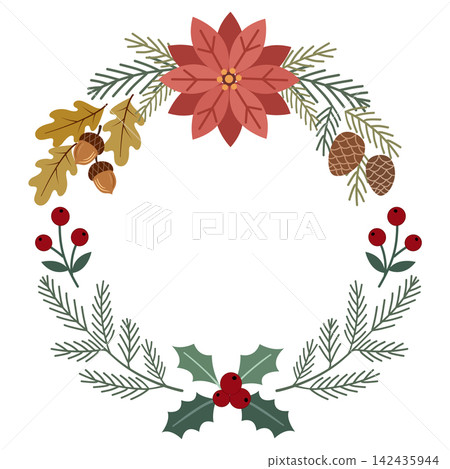 Festive Christmas wreath illustration with a large red poinsettia flower, holly leaves, red berries, oak leaves, acorns, and pinecones arranged in an elegant open circular frame on a white background. Festive Christmas wreath illustration with a large red poinsettia flower, holly leaves, red berries, oak leaves, acorns, and pinecones arranged in an elegant open circular frame on a white background. 142435944
