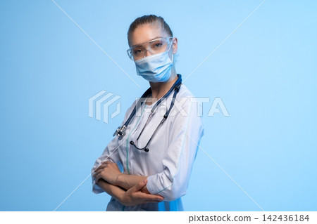 Female doctor wearing personal protective equipment for healthcare safety 142436184