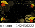 Autumn Japanese Modern Design (Black Background): Vector background featuring autumn-colored maple and ginkgo leaves and a circular Japanese pattern frame. 142436222