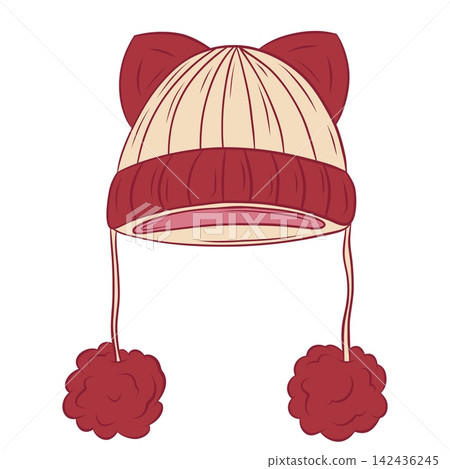 Vector illustration of a winter hat with cat ears and pompom tassels Vector illustration of a winter hat with cat ears and pompom tassels 142436245