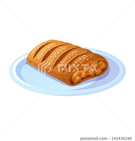 Golden strudel filled pastry with diagonal slits, white sprinkles, Golden strudel filled pastry with diagonal slits, white sprinkles, 142436290