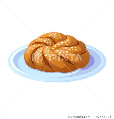 Golden brown twisted round bun with small white toppings served on a Golden brown twisted round bun with small white toppings served on a 142436291