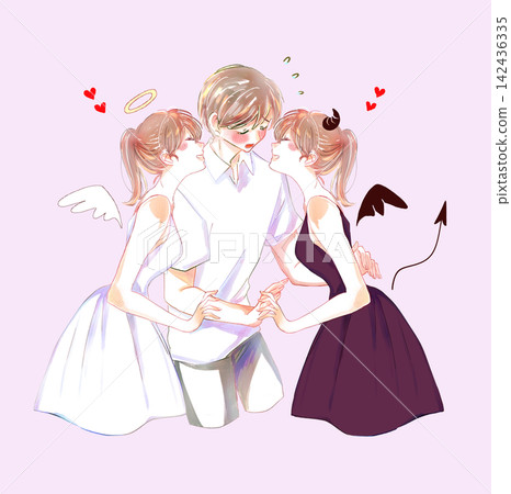 A man caught between an angel and a devil, blushing and confused A man caught between an angel and a devil, blushing and confused 142436335