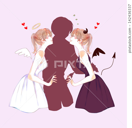Confused man caught between an angel and a devil silhouette Confused man caught between an angel and a devil silhouette 142436337