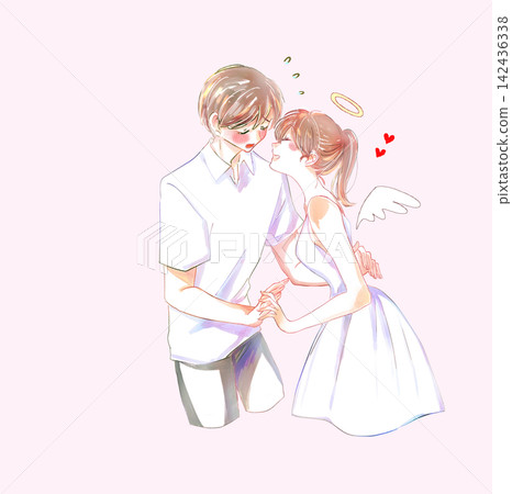 一個男人被一個天使般的女人追求；他臉紅了，感到困惑。 142436338