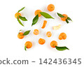 Fresh Ripe Mandarins with Green Leaves and Peeled Citrus Slices Scattered Isolated on White Background Top View Knolling Composition Food Flat Lay with Copy Space for Text Design Layout 142436345