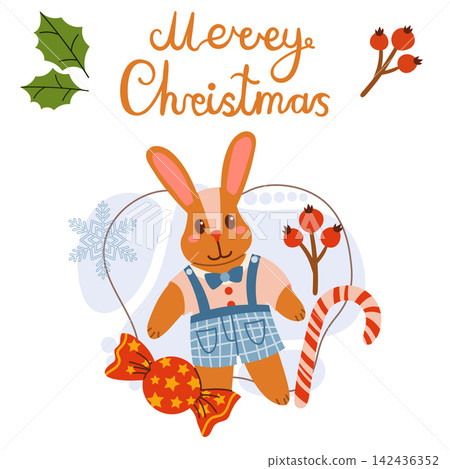 Vector illustration of a hand-drawn Christmas card with a cute rabbit character dressed in overalls. Features a Merry Christmas text greeting, sweet candy cane, wrapped sweet, and winter berries. Vector illustration of a hand-drawn Christmas card with a cute rabbit character dressed in overalls. Features a Merry Christmas text greeting, sweet candy cane, wrapped sweet, and winter berries. 142436352