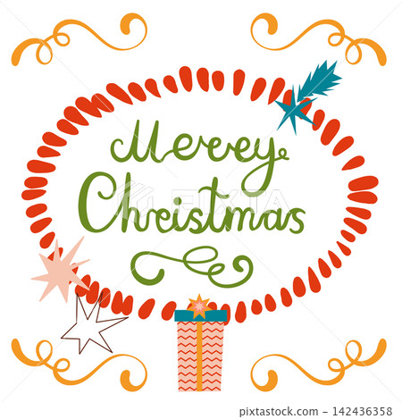 Vector illustration of a hand-drawn 'Merry Christmas' greeting card inside a red dotted oval frame. Features cursive green lettering, a small wrapped gift box, starbursts, and golden swirls. Vector illustration of a hand-drawn 'Merry Christmas' greeting card inside a red dotted oval frame. Features cursive green lettering, a small wrapped gift box, starbursts, and golden swirls. 142436358