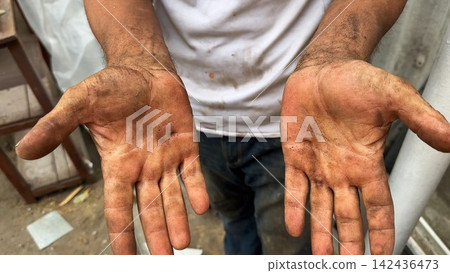 Close up of male dirty hands of adult labor at construction. Repairman rubbing unclean arms after hard work at the site. Concept of exhausting and hard work. Slow motion Close up of male dirty hands of adult labor at construction. Repairman rubbing unclean arms after hard work at the site. Concept of exhausting and hard work. Slow motion 142436473